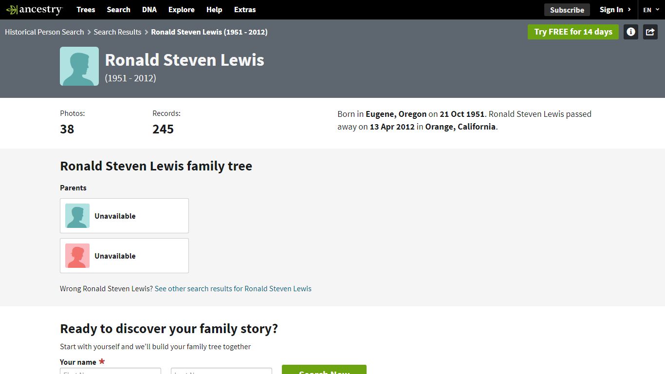 Ronald Steven Lewis 1951-2012 - Ancestry®